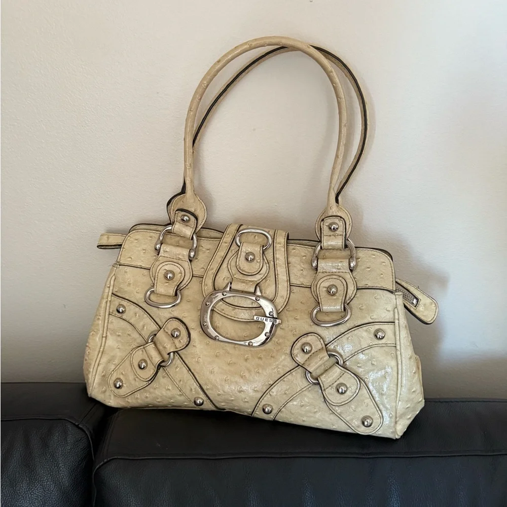 Guess Cream Ostrich-Texture Shoulder Bag with Silver Hardware - Picture 1 of 10